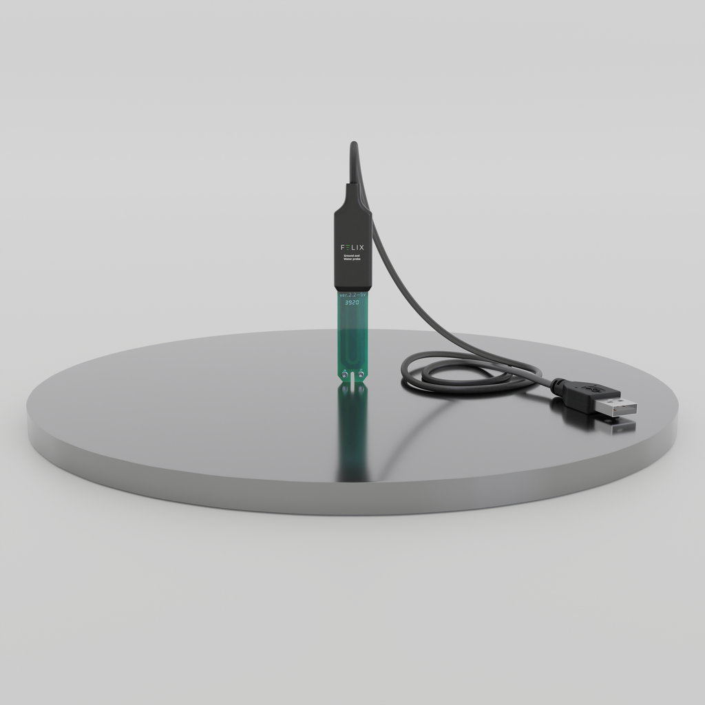 Felix Smart Temperature, Moisture, Water Level, EC, TDS Probe pictured standing up.