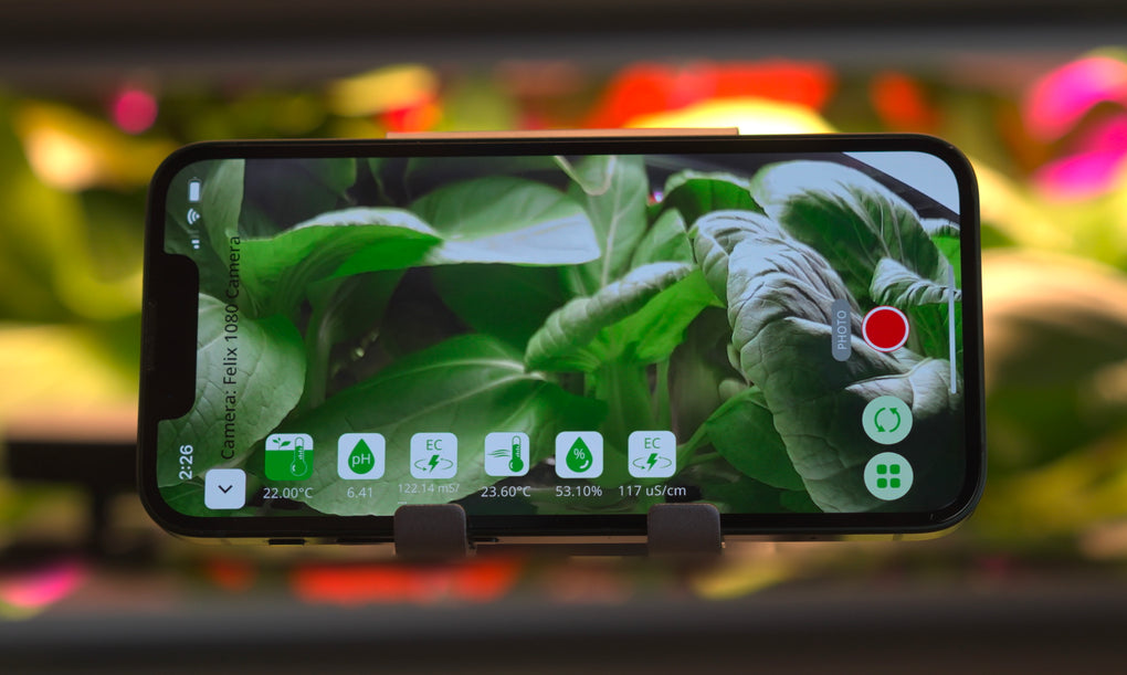 A phone is shown with the Felix Smart application camera functionality on screen. The parameters of the hydroponic system it is viewing are shown on screen.