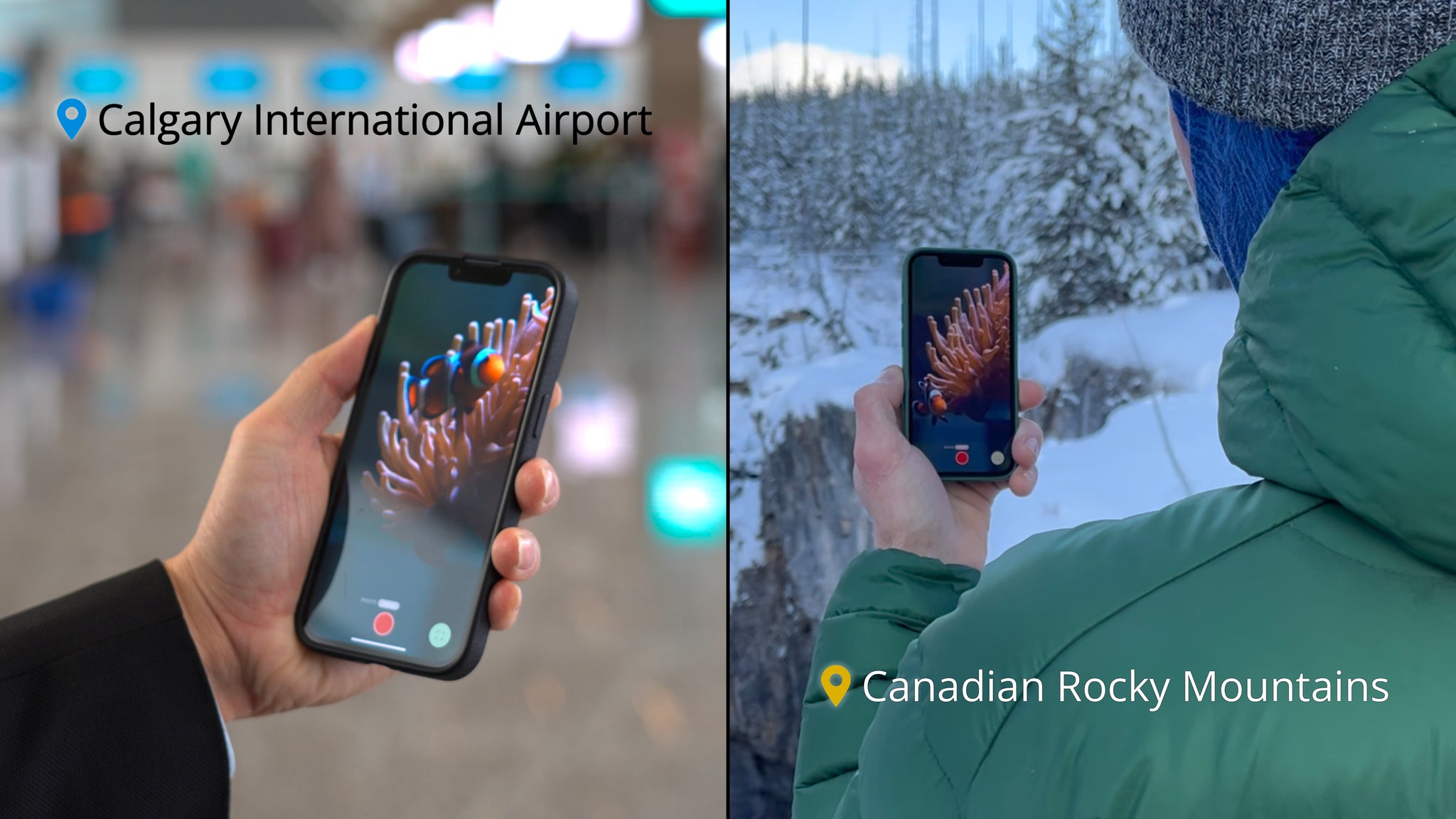 2 locations are shown: The Calgary International Airport and a snowy scape in the Canadian Rocky Mountains. The Felix Smart application, displayed on a phone being held by a man's hand, is live-streaming a clownfish and anemone in both locations.