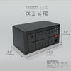 KAI AI Smart Controller pictured from the back, showing off dimensions of the box L: 11.2", W: 6.6", H: 5.4". North American sockets are shown, however the image says that EU and UK sockets are also available. Image shows power specifications for the unit, as Input: 100-240V~, max 10A Output: 100-240V~, total 9A, USB Output: 5V, 2.0A