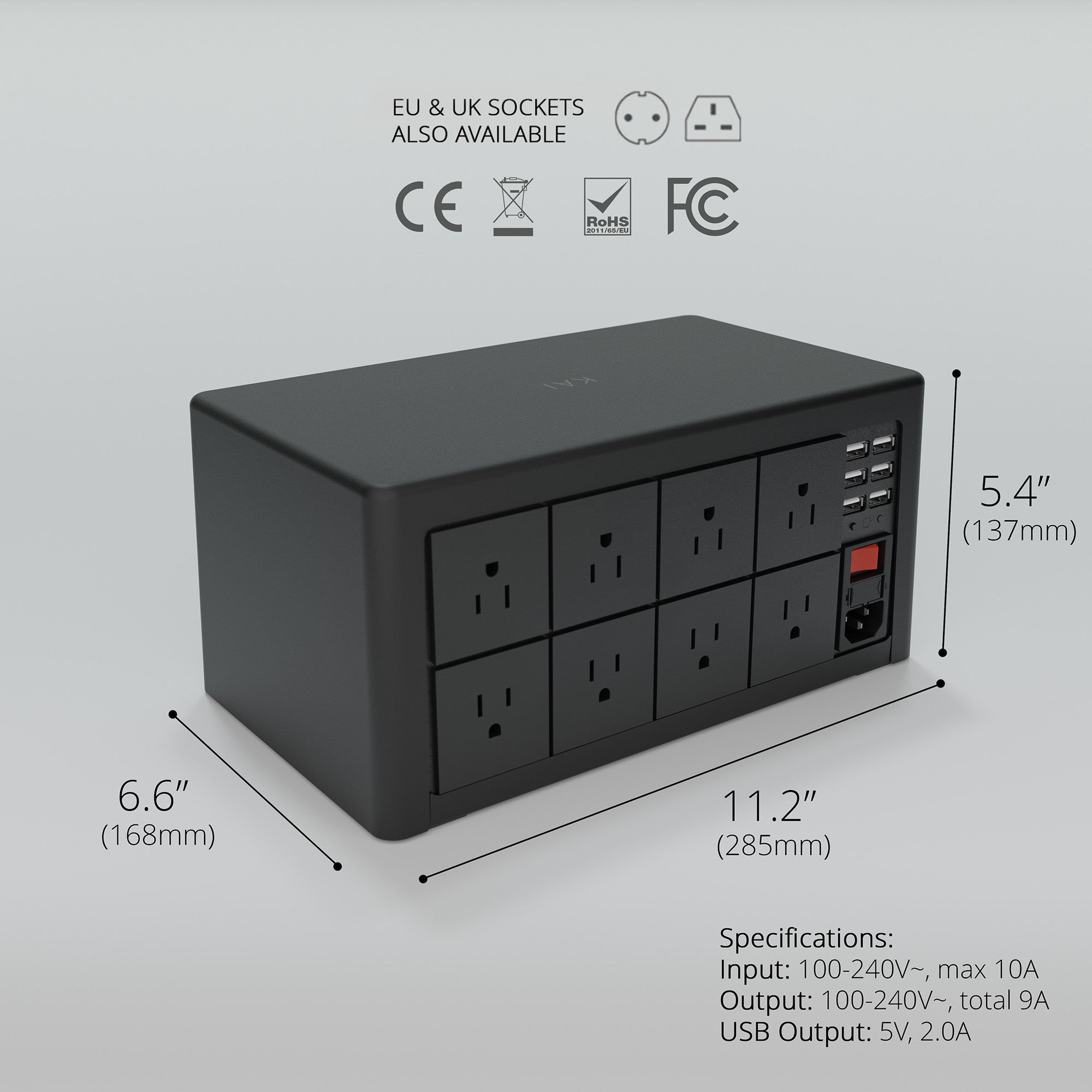 KAI AI Smart Controller pictured from the back, showing off dimensions of the box L: 11.2", W: 6.6", H: 5.4". North American sockets are shown, however the image says that EU and UK sockets are also available. Image shows power specifications for the unit, as Input: 100-240V~, max 10A Output: 100-240V~, total 9A, USB Output: 5V, 2.0A.