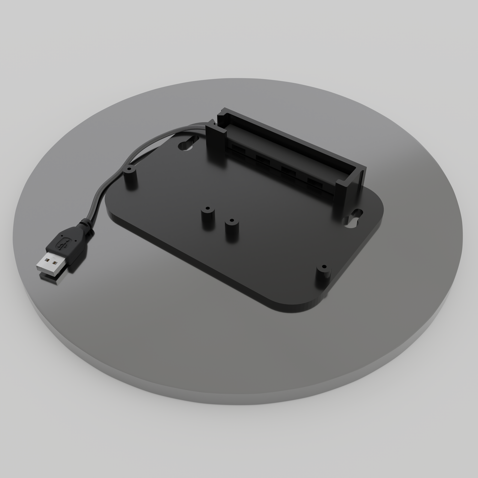 The 4-USB hub is pictured on a grey plate.