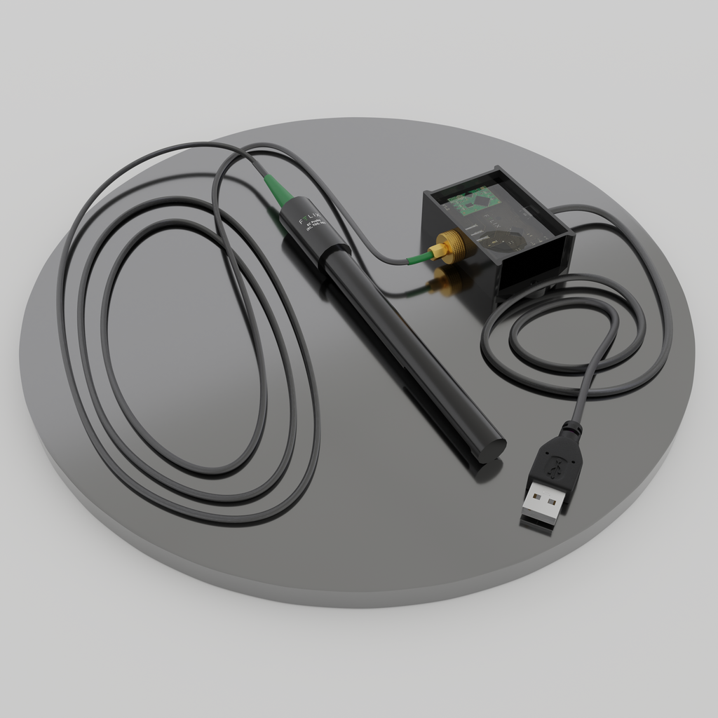 Felix Smart Electrical Conductivity (EC) Probe shown from top-down, showing USB connection hub and wire.