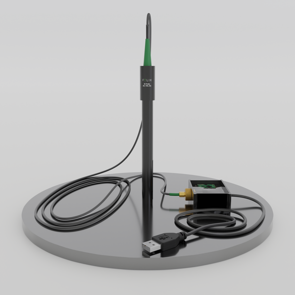 Felix Smart Electrical Conductivity (EC) Probe standing up, showing USB connection hub and wire.