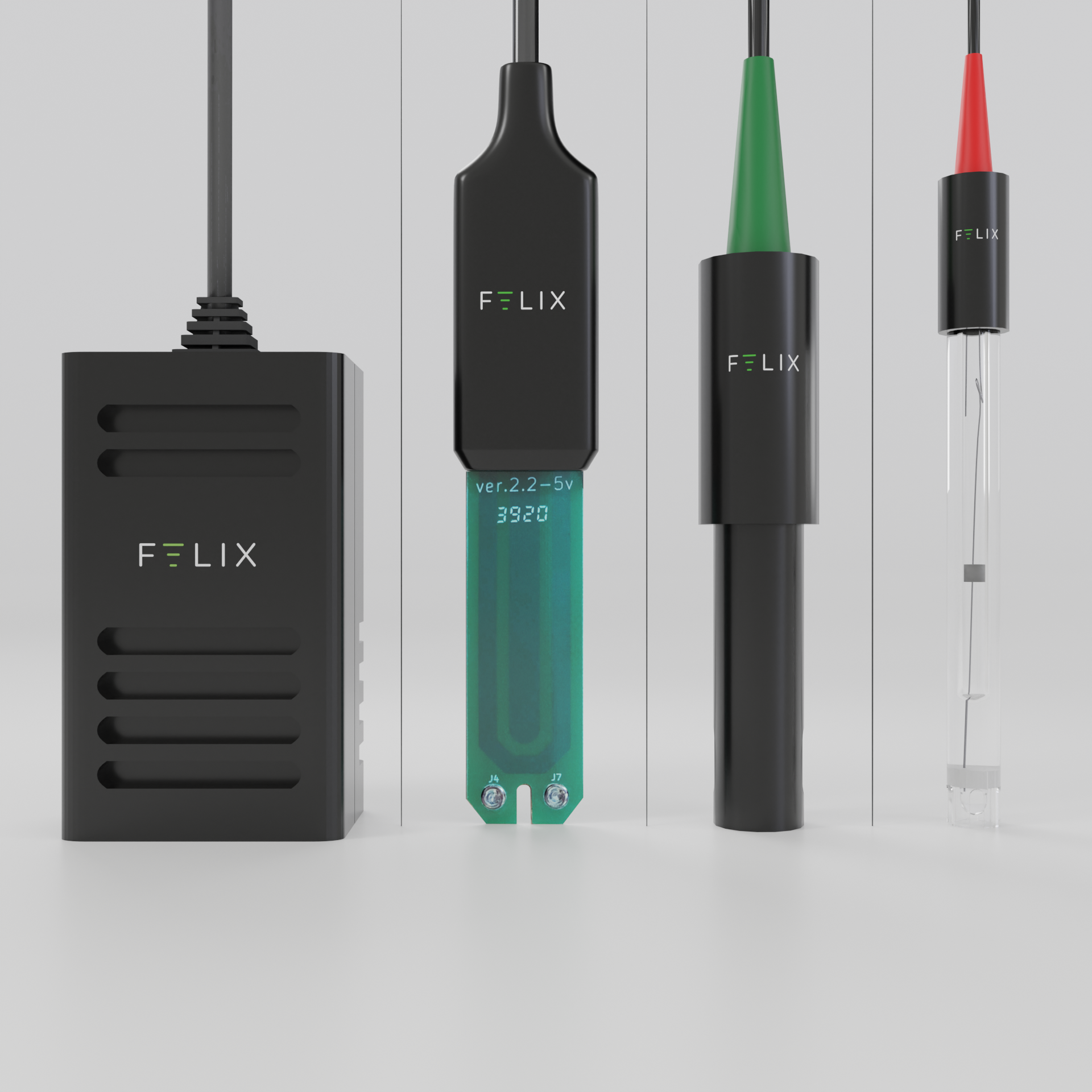 The Felix Smart Air Temperature and Humidity Sensor is shown next to the Felix Smart Moisture and Temperature Probe, the Felix Smart Conductivity Probe, and the Felix Smart pH Water Probe.