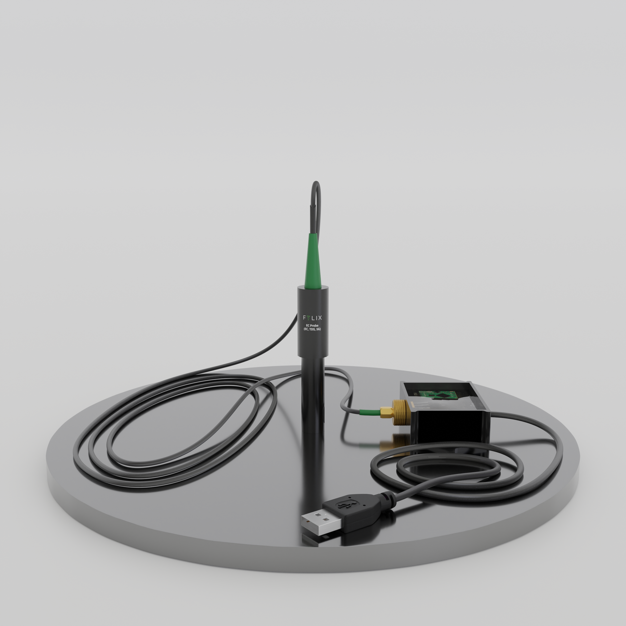 Felix Smart Mini EC Probe pictured standing with view of USB connector box and wire.