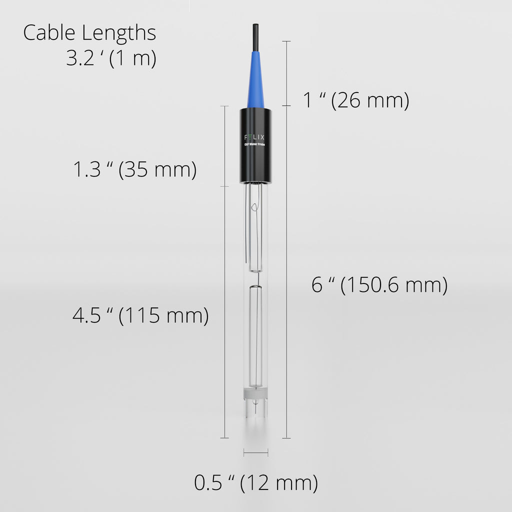 The measurements of the Felix Smart oxidation reduction potential (ORP) Probe are shown. The height is 6" (150.6 mm), The width is 0.5" (12 mm), the cable length is 3.2' (1 m).