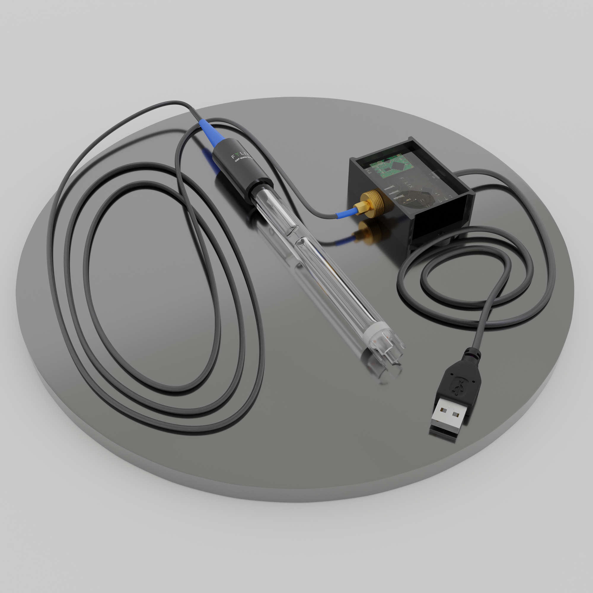 Felix Smart oxidation reduction potential (ORP) Probe is shown laying down, with USB connection box displayed.