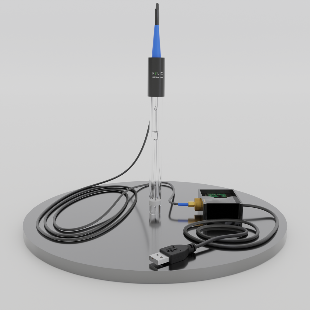 Felix Smart oxidation reduction potential (ORP) Probe is shown standing up, with USB connection box displayed.