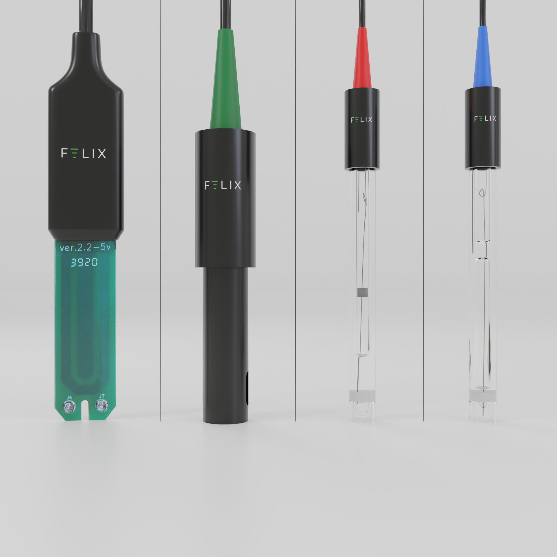 The Felix Smart Moisture and Temperature Probe is shown, next to the Felix Smart Conductivity Probe, the Felix Smart pH Water Probe, and the Felix Smart ORP Probe.