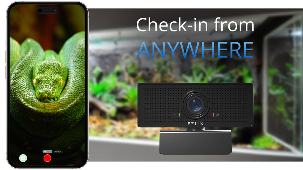 The Felix Smart 1080p HD Camera is shown and a livestream of a snake through the Felix Smart application is visible next to it. Text on screen says "Check-in from ANYWHERE"