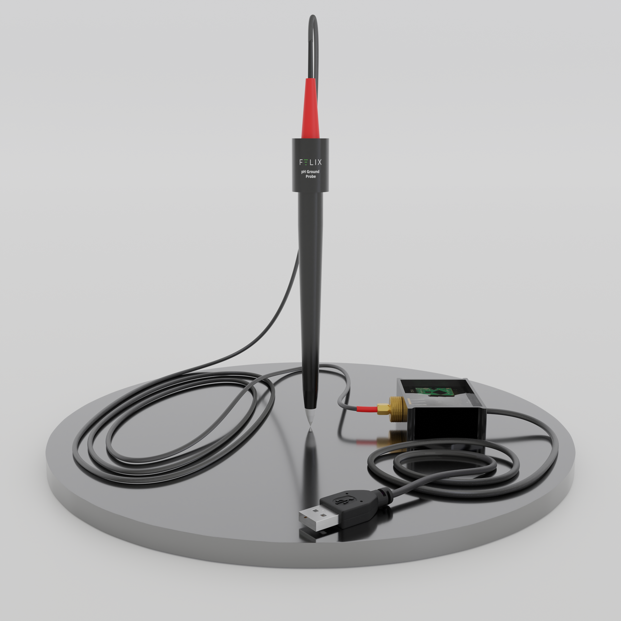 Felix Smart pH Ground Probe pictured standing up with view of USB connection hub and cable.