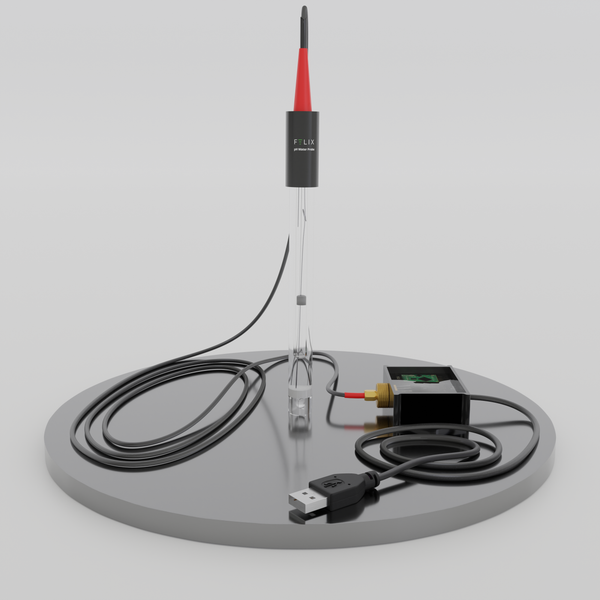 Felix Smart pH Water Probe Shown standing up, with display of USB connection hub and wire.
