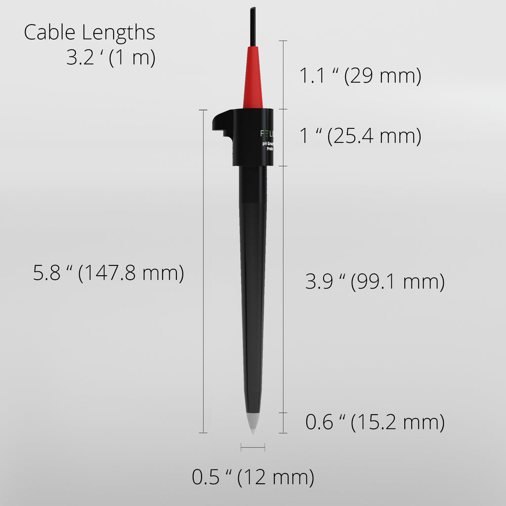 The measurements of the Felix Smart acidity (pH) Probe are shown. The height is 5.8" (147.8 mm), The width is 0.5" (12 mm), the cable length is 3.2' (1 m).