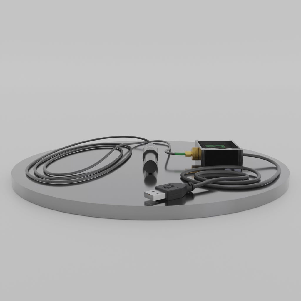 Felix Smart Mini EC Probe spinning with view of USB connector box and wire.