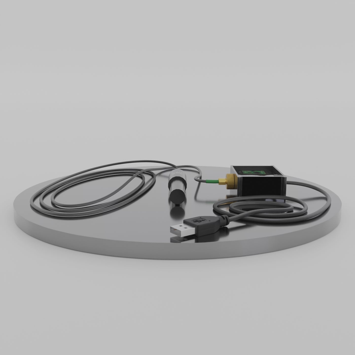 Felix Smart Mini EC Probe spinning with view of USB connector box and wire.