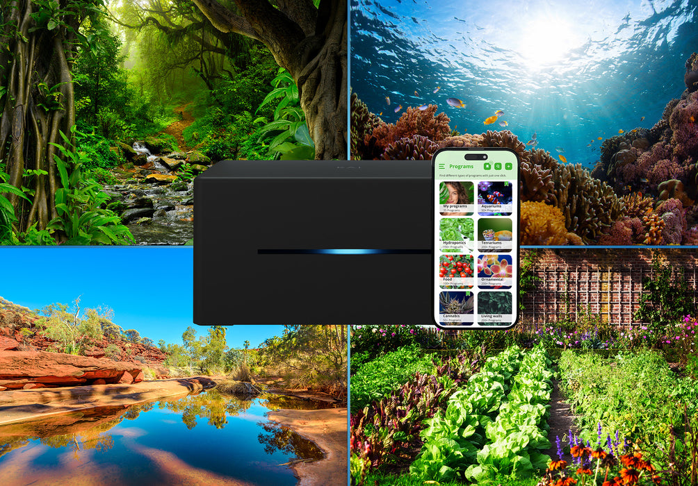 KAI is pictured, next to its application on a phone, with four different types of environments seen in the background. The environments are a rainforest, a coral reef, a desert oasis, and an outdoor garden.